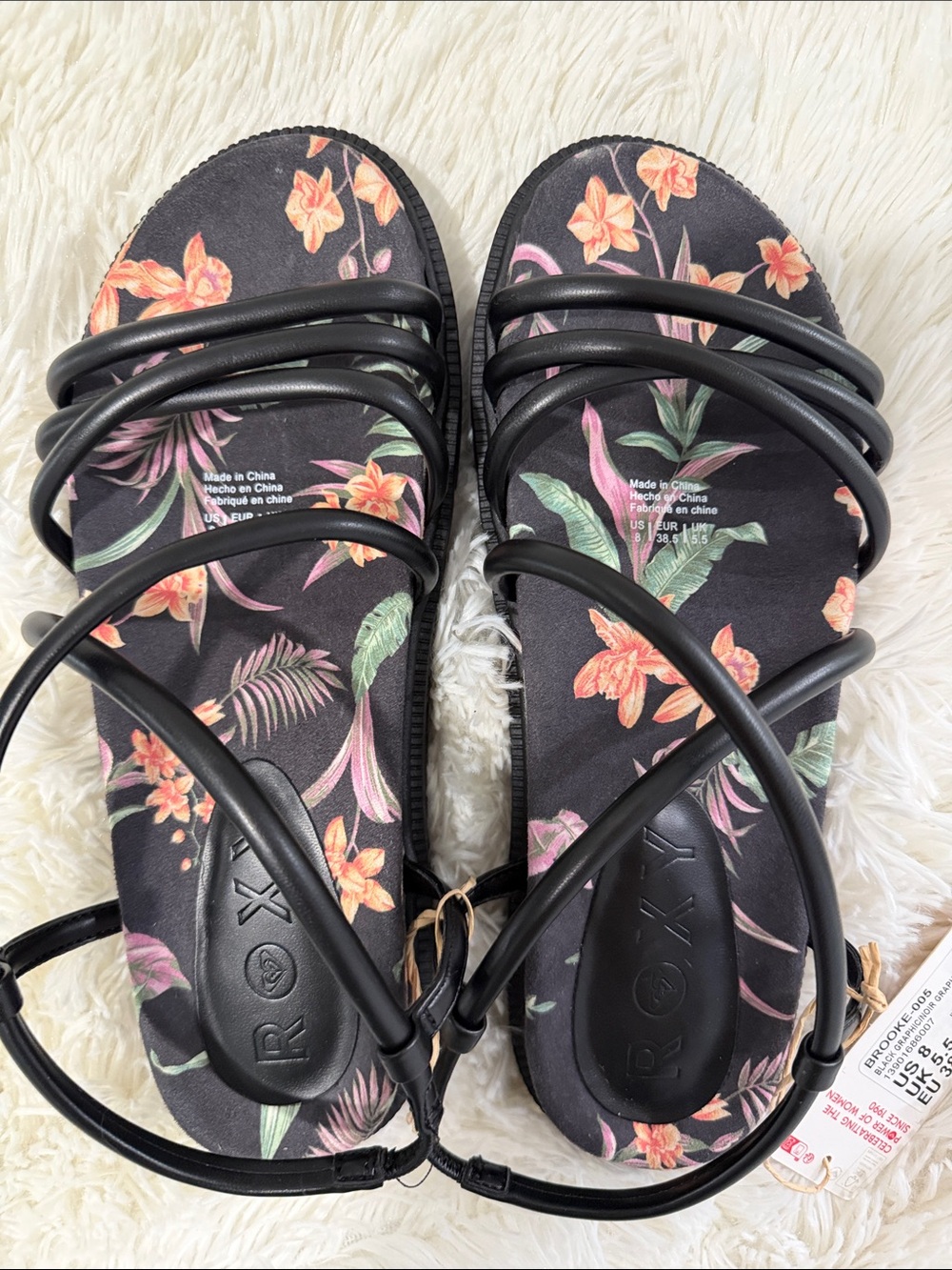Roxy Black Floral Strap Sandals for Women
